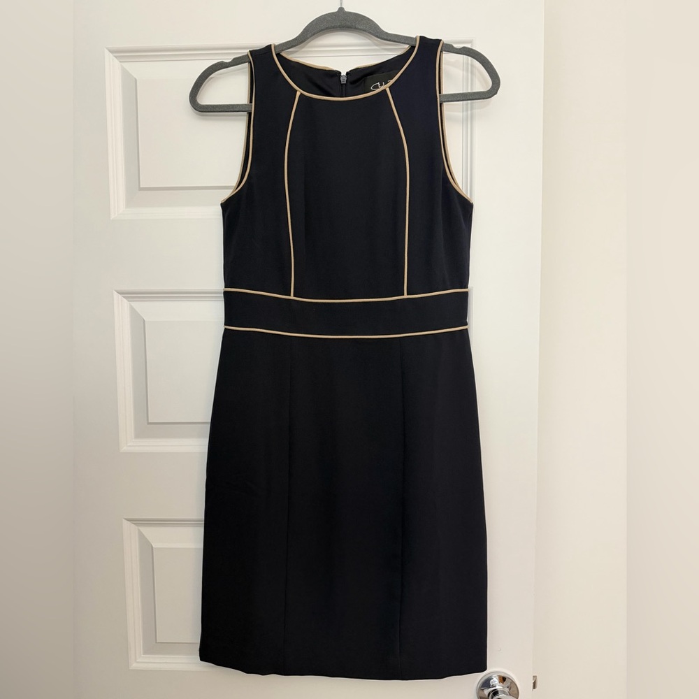 Chic Dark Navy Midi Dress with Gold Trim